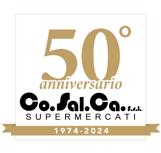 Logo 50° anniversario Co.Sal.Ca. Supermercati 1974-2024.
